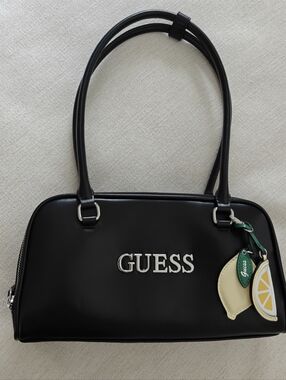 GUESS Black Leatherette Shoulder Bag with Lemon Charm